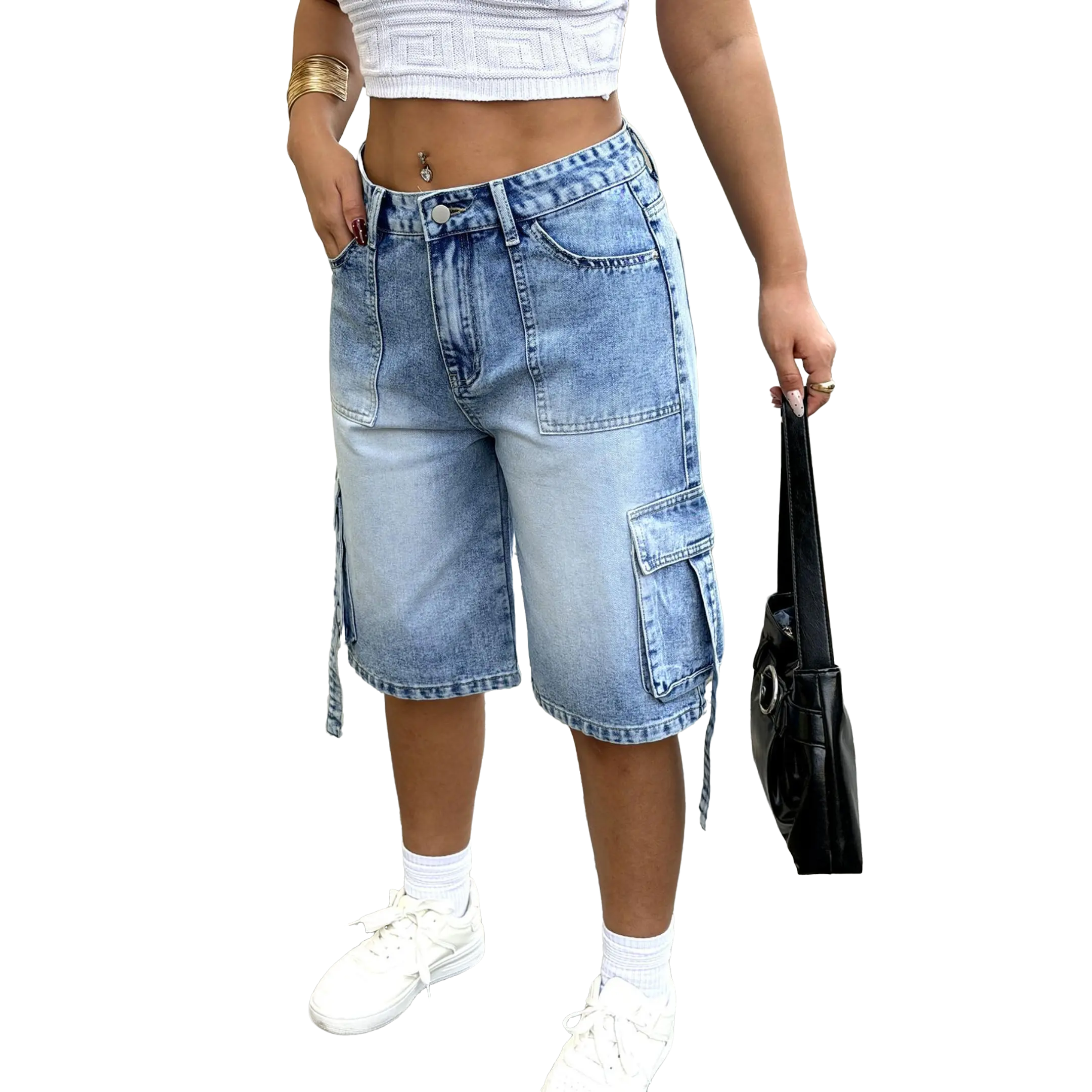 Women's Casual Denim Cargo Shorts, Loose Fit Mid-Length Style with a Washed Finish and Multiple Pockets, Casual Denim Shorts, Pocket, Denim Shorts For Women