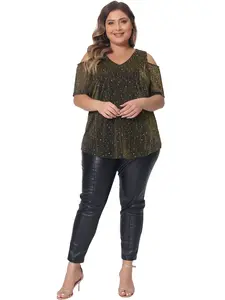 Agnes Orinda Plus Size Top Women's Glam Glitter Sequin Cold Shoulder Short Sleeve Top