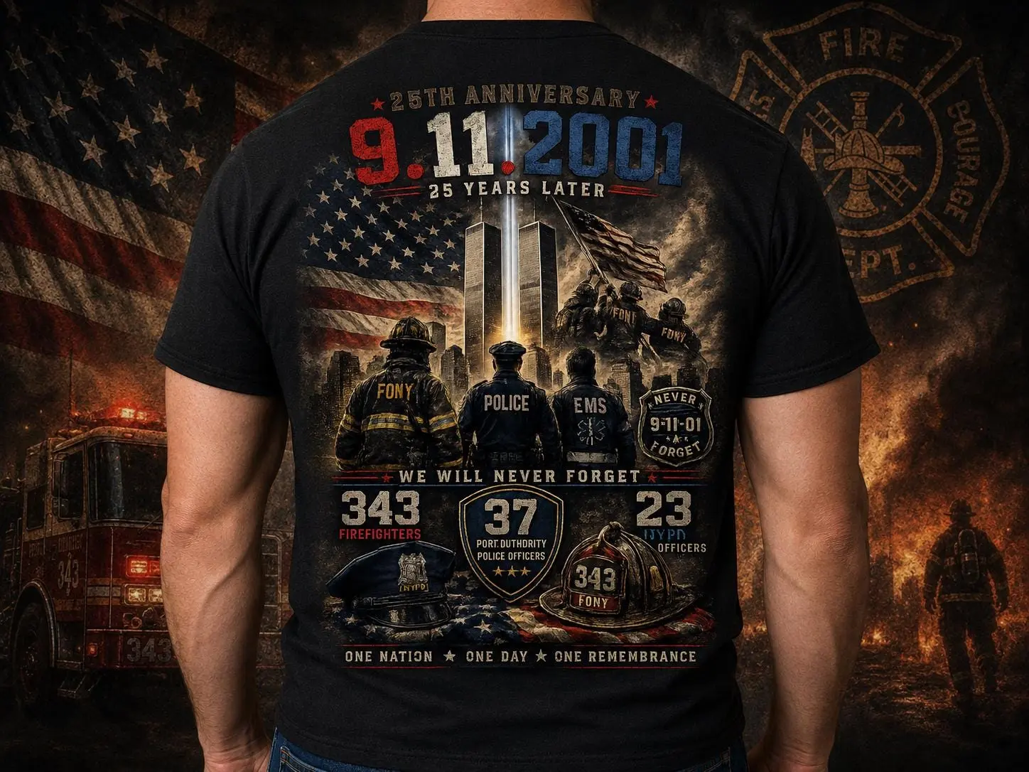 [Sale Up To 50%] 9/11 25th Anniversary Memorial Firefighter Shirt  Never Forget 9-11-2001 Tribute Tee  FDNY Police EMS Patriotic T-Shirt, Graphic Streetwear T-shirt