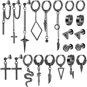 Earl Men's Swinging Earrings Stainless Steel Hinged Earrings Punk Long Chain Earrings Snake Feather Sword Swinging Men's Daily Earrings