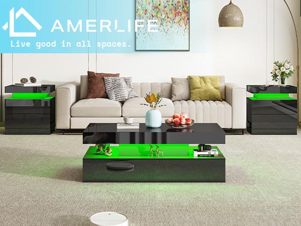 AMERLIFE High Gloss LED Nightstand Set of 2 with Charging Station, Modern Bedside Table Night Stand with LED Lights, Sofa End Side Tables with Drawers/Best Gift Ideas/Christmas Gifts