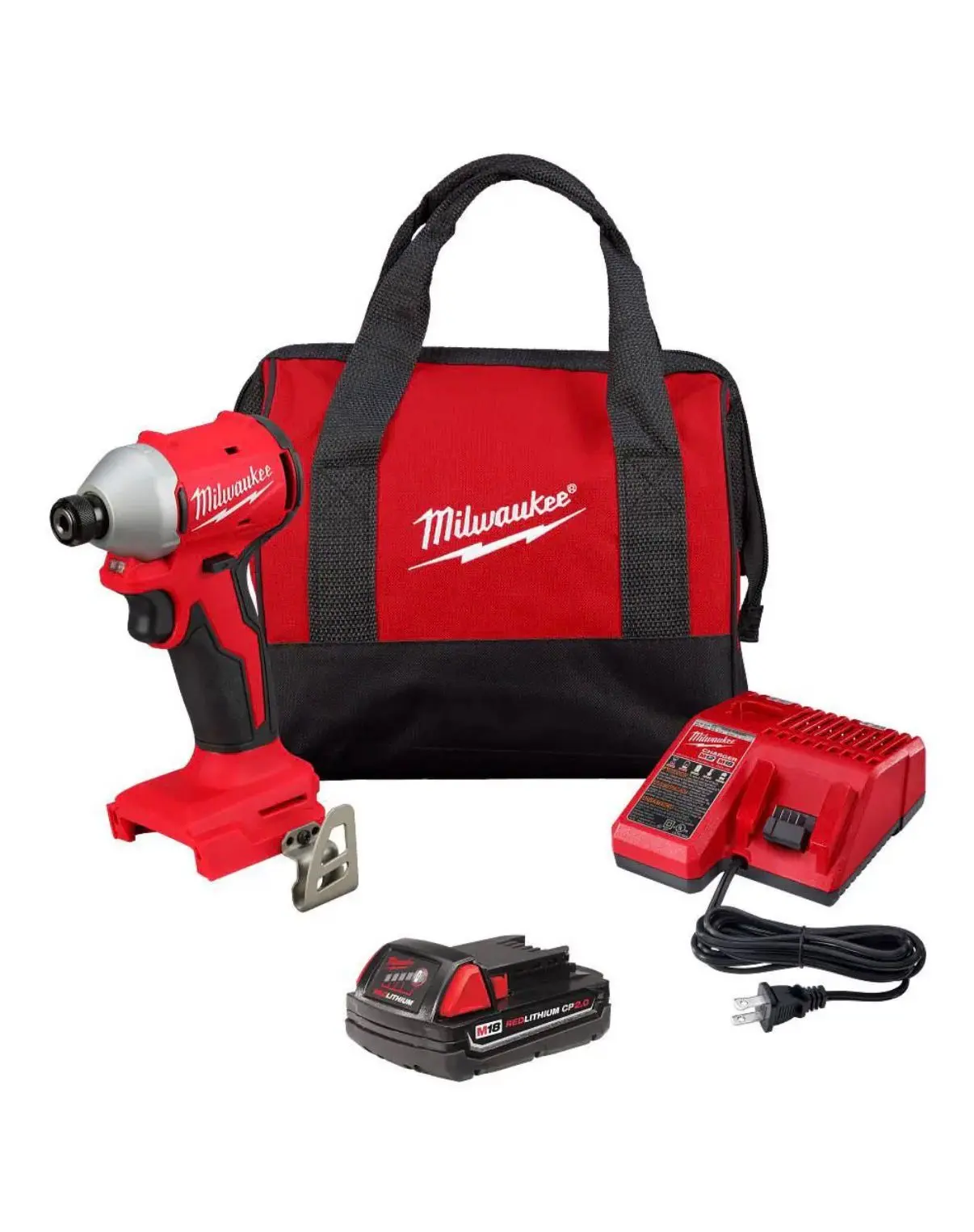 Milwaukee M18 Lithuim-Ion Compact Brushless Cordless 1/4 in. Impact Driver Kit Wit One 2.0 Ah Battery, Charger & Tool bag