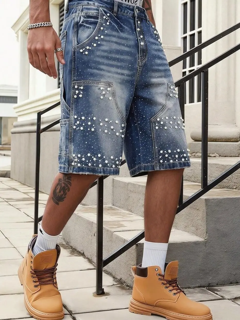 Men shorts - Men's Loose Fit Denim Shorts, Sparkling Diamond and Pearl Embellished Jean Shorts for Summer Streetwear summer clothing trending clothing trending clothes male clothing summer clothes shorts for the summer vacation outfits streetwear