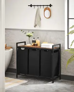 VASAGLE Laundry Hamper with 3 Pull-Out Bags, Rustic Brown & Ink Black, 36.4x13x28.4 Inches, Metal Frame, 40L Capacity, Adjustable Feet, Easy Assembly UBLH301B01