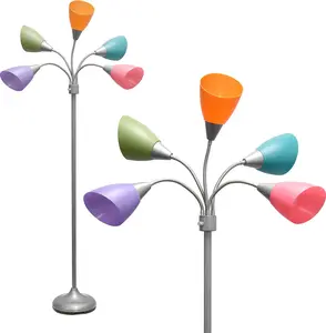 LF2006-SLM 67" Contemporary Multi Head Medusa 5 Light Adjustable Gooseneck Silver Floor Lamp with Fun Light Multicolored Shades for Kids Bedroom Playroom Living Room Office