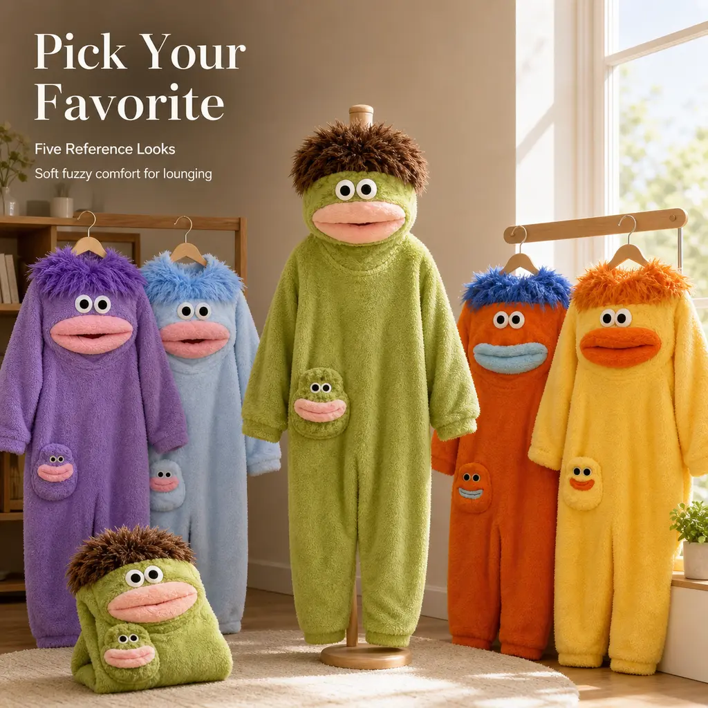 3PCS Kids Costume Set with Shoes and Comb Boys Halloween Cosplay Dress Up Outfits Monster Onesie Big Mouth Monster Long Hair for Kids Cozy Funny Halloween Costume & Sleepwear