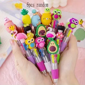 6pcs Retractable Ballpoint Pens, 4 Colors Per Pen, Round Body, Medium Tip, PVC Material, Cute Rod Shape, School and Office Supplies
