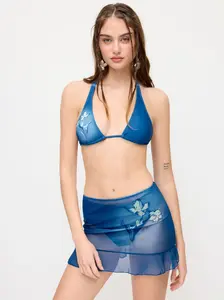 V-neck Floral Halter Cheeky Bikini Swimsuit With Floral Cover Up Skirt