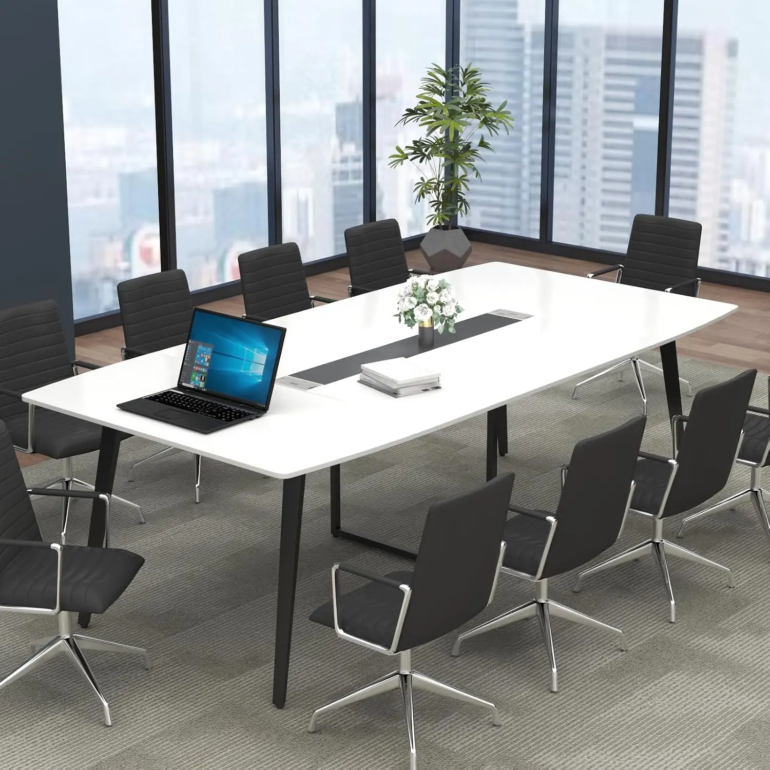 8FT Conference Table, 94.49" L x 47.24" W x 29.53" H Meeting Seminar Table with Grommet, Large Boat Shaped Computer Desk, Boardroom Desk for Office Meeting Conference Room,White