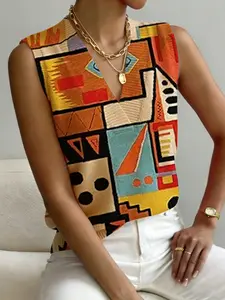 Women's Bohemian Ethnic Geometric Patchwork Knit Sweater Vest, V Neck Sleeveless, Casual Breathable Knitted Top for Spring Summer Fall