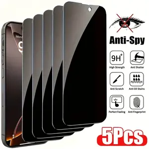 5pcs Privacy Tempered Glass Screen Protector For iPhone 17 16 15 Pro Max Plus 16e 14 13 Pro Plus 12 Mini 11 XR X XS Max,Full Coverage Anti-Spy Glossy Shield,HD Clarity,9H Hardness,Easy Installation