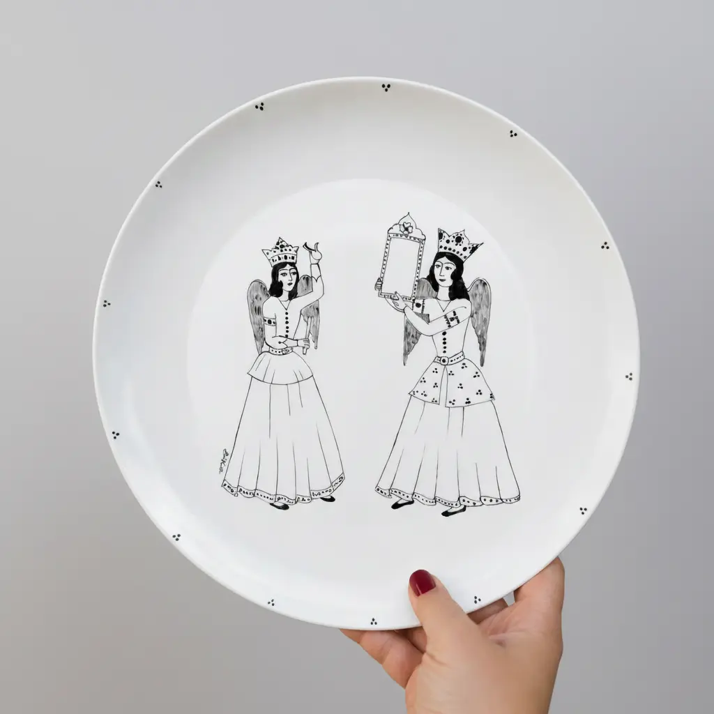 Black Hand-Painted Qajar Angels Plate