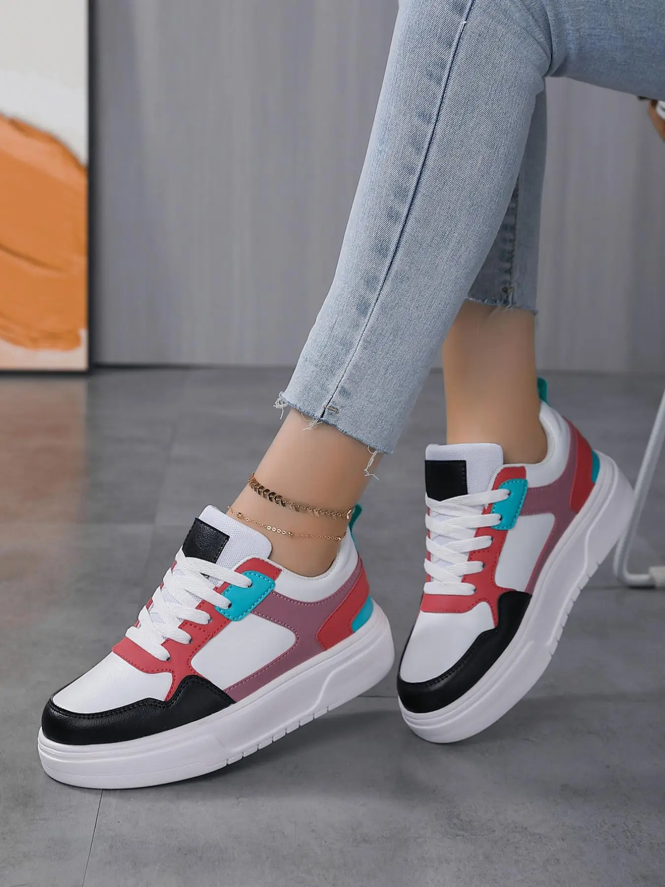 Women's 1 Pair Colorblock Patchwork Design Lace up Platform Sneakers, Lightweight Breathable Comfortable Sports Running Shoes for Daily Wear, Perfect