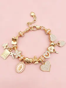 Shimmering Heart Cross Pendant Bracelet, Rhinestone Star & Key Lock Charm, Personalized Jewelry for Women, Daily Wear, Gift for Dates & Mothers' Day