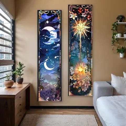 Sun & Moon Pattern Wall Hanging Tapestry, Durable Decorative Tapestry, 2 Counts/set Flowers and Stars Night Sky Long Narrow Tapestry Wall Decor for Home Living Room Bedroom Decoration, Wall Tapestries, Hanging Wall Art