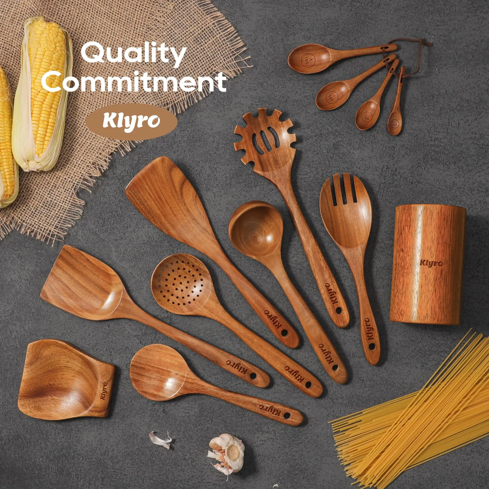 KLYRO Wooden Kitchen Utensils Set – Solid Wood Cooking Spoons, Nonstick Safe, Smooth Handle, Heat Resistant Kitchen Essentials for for New Home & Apartment Essentials