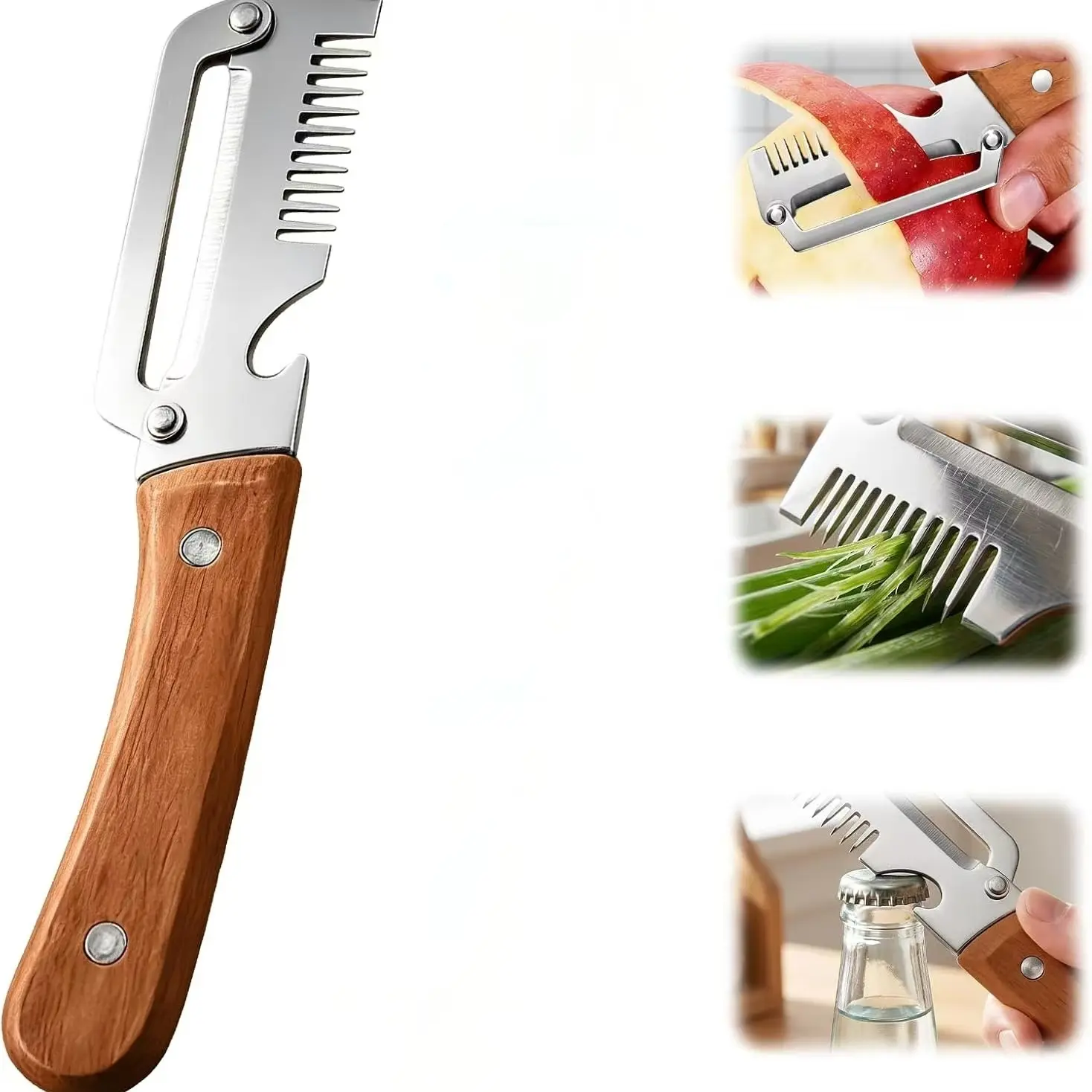 26 Upgrade Multi-Functional Vegetable Peeler with Wooden Handle, Stainless Steel Wide Blade, Garlic Chopper and Bottle Opener, Kitchen Camping Travel Use