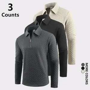 Men's 3-Pack Half Zip Collared Textured Long Sleeve Shirt, Fashionable Solid Jacquard Casual Polo, Outdoor Street Style Comfortable Breathable Top, Suitable for Autumn Winter Daily Commute & Party Travel Wear Formal Beige Stylish Menswear summer outfits