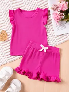 Toddler Girls' Cute Two-Piece Set, Knit Top with Ruffle Hem & Elastic Waist Shorts, Casual Fashion, Everyday Wear for Parties or Gifts