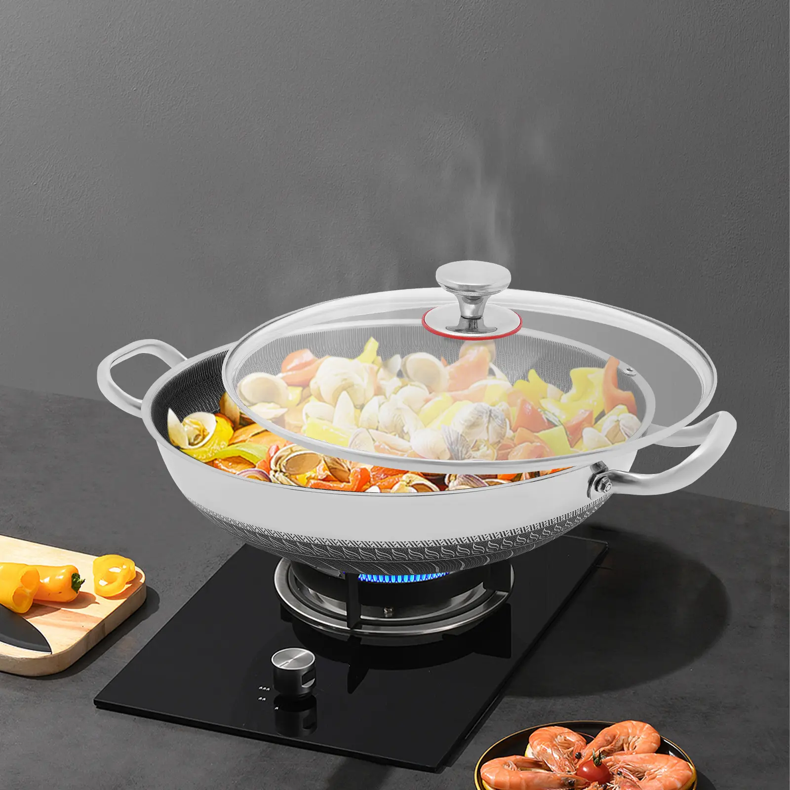 13.98 Inch Honeycomb Frying Pan - 410 Stainless Steel Wok with Tempered Glass Lid - Fast Heating Multi-Stove Compatible Wok