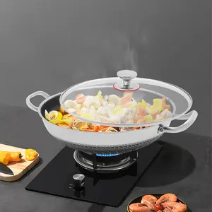 13.98 Inch Honeycomb Frying Pan - 410 Stainless Steel Wok with Tempered Glass Lid - Fast Heating Multi-Stove Compatible Wok
