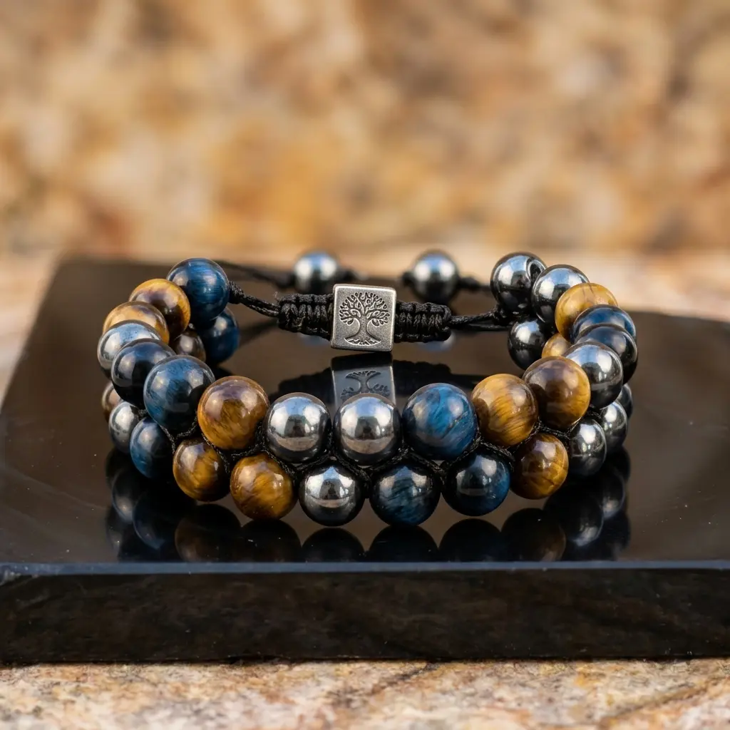 Mixed Natural Yellow & Blue Tiger Eye Hematite Bracelet for Men Women, Tree of Life Adjustable Protection Bracelet, Healing Crystal Energy Bracelet Attract Wealth Positive Luck Jewelry Gift