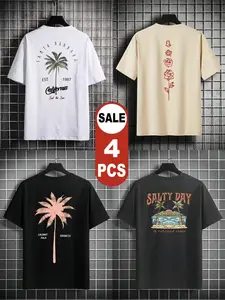 Old Money Summer Vibes: 4Pcs Retro Vintage California Surf Tee Collection for Men - Relaxed Fit Soft Tank alternative, Coastal Coconut Palm Graphic, Trendy Streetwear and Festival Outfits