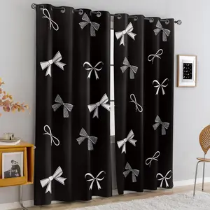Black White Bow Curtains 2 Panels, Aesthetic Bowknot Printed Curtains, 80%-90% Light Blocking Darkening Curtains, Cute Bow Themed Decoration Curtains for Girls Bedroom, Dorm Room & Aesthetic Room Decor, Window Curtain