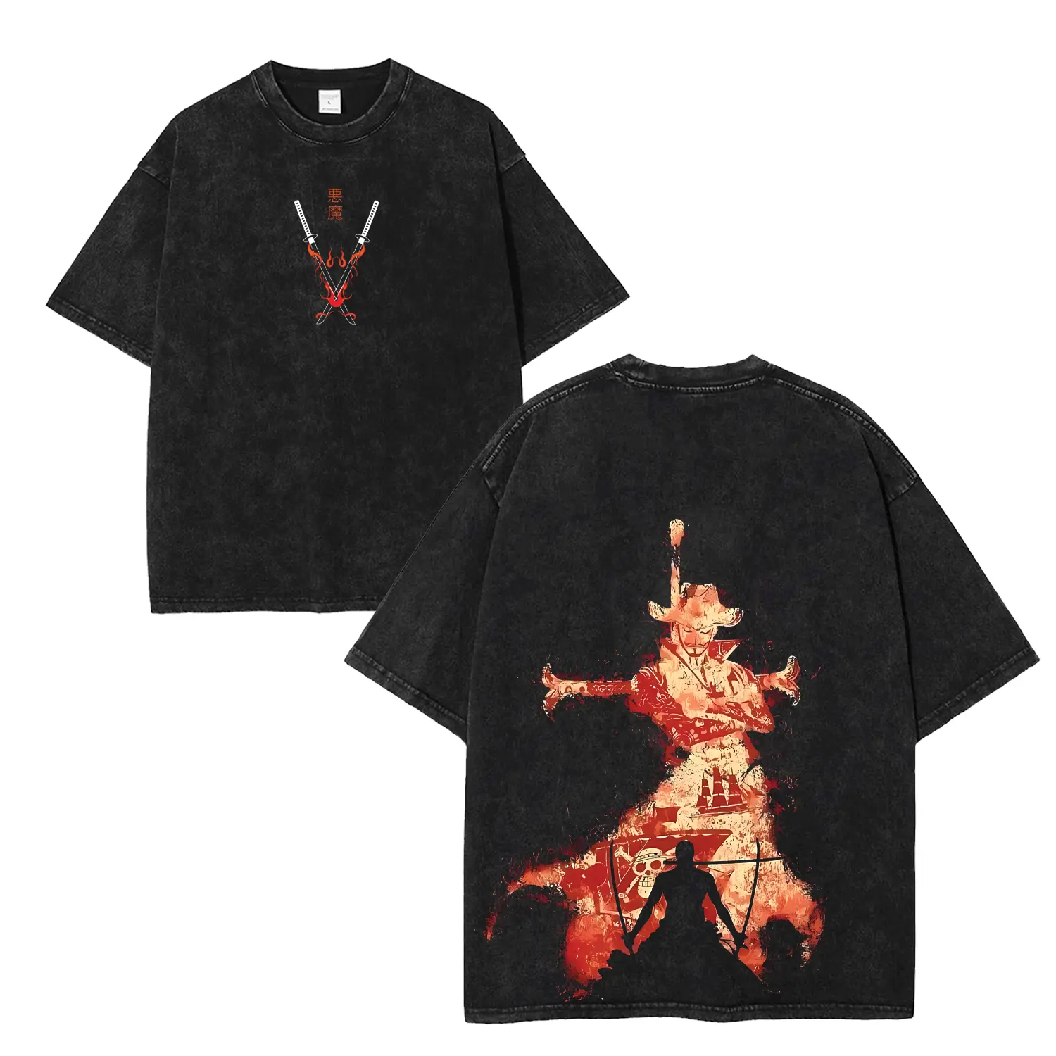 Zoro vs Mihawk Inspired Vintage Cotton Tee, Washed Samurai Duel Graphic Shirt, Oversized Anime Street Style Top Perfect for Swordfighter Lovers & Manga Fans streetwear