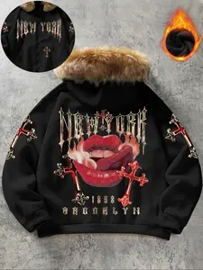 Trendy New York Lip Hooded Jacket, Gothic Design, Flame Lips & Cross Print, Fleece Lined, Oversized Fit, Casual All-Season Wear