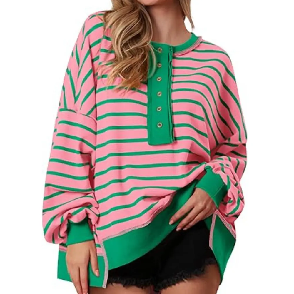 PRETTYGARDEN Womens Fall Striped Oversized Sweatshirt Long Sleeve Button Up Henley Neck Waffle Knit Pullover Tunic Tops