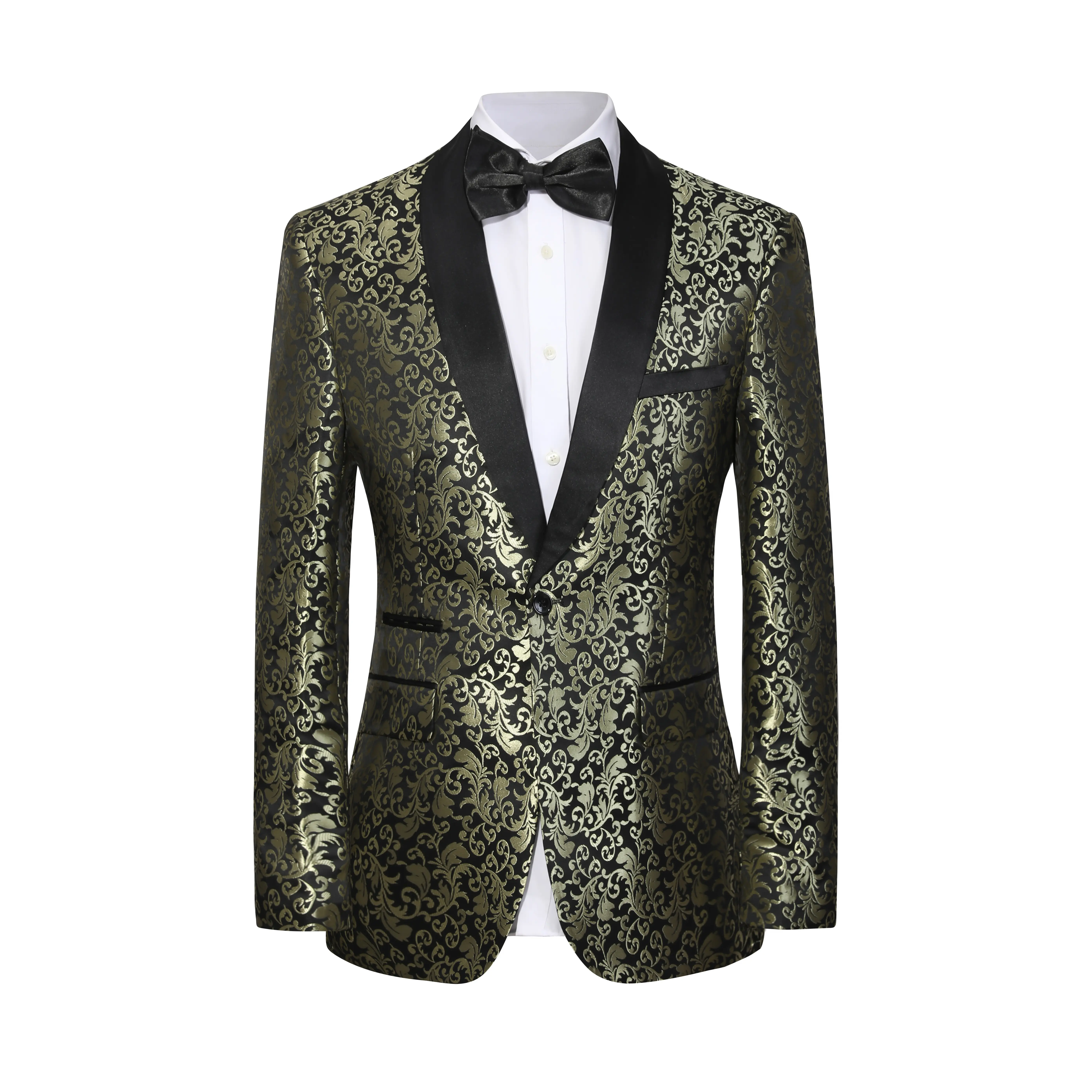 Men's 2-Piece Floral Jacquard Polyester Formal Suit - Long Sleeve V-Neck Fitted Blazer & Pants with Stylish Embroidery, All-Seasons Elegant Outerwear for Prom, Wedding, Party, Formal Wear