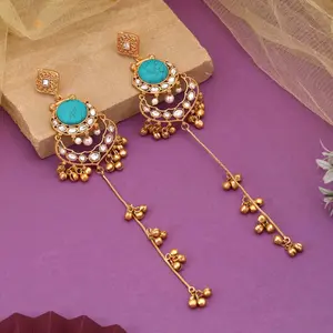 KASHMIRI Gold Plated Earrings with Kundan Stones, Delicate Beads, Elegant Design, Ideal for Any Occasion