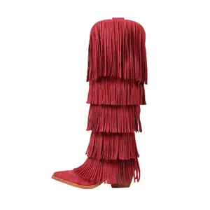 Women Luxury Black Fringe Tassel Boots Mid Heel Tiered Suede Long Boots Fashion Western Style Tall Boots