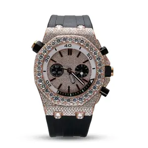 Luxury Iced Out Diamond Look Men’s Quartz Watch 40MM Rose Gold Black Silicone Strap Analog Wrist Watch | Swiss Movement Fashion Statement Watch for Men | Waterproof Stainless Steel Designer Chronograph Style Watch