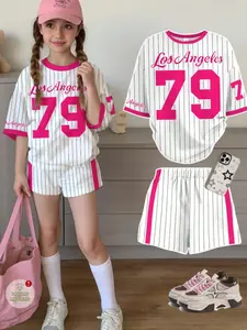 Teen Girls Casual Minimalist Racing Sports Clothing Set, Los Angeles Pattern Printed Striped Short Sleeve T-Shirt and Shorts, Summer Baseball, Sports Suit Set