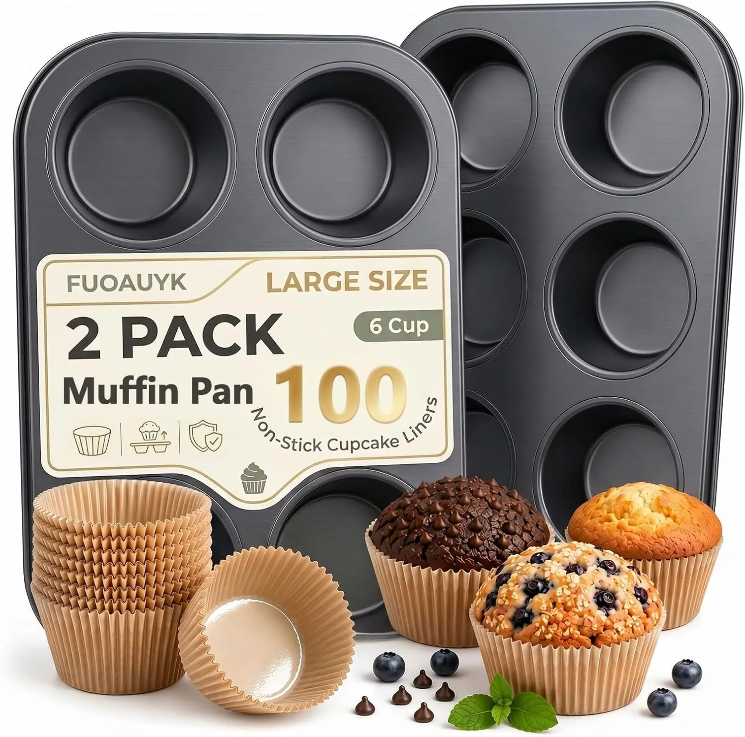 Muffin Pan 2 Pack, Extra Large Muffin Tin 6 Cup Includes 100 Jumbo Cupcake Liners, Nonstick Carbon Steel Giant Cupcake Pans for Baking, Breakfast & Party Cupcake Tin