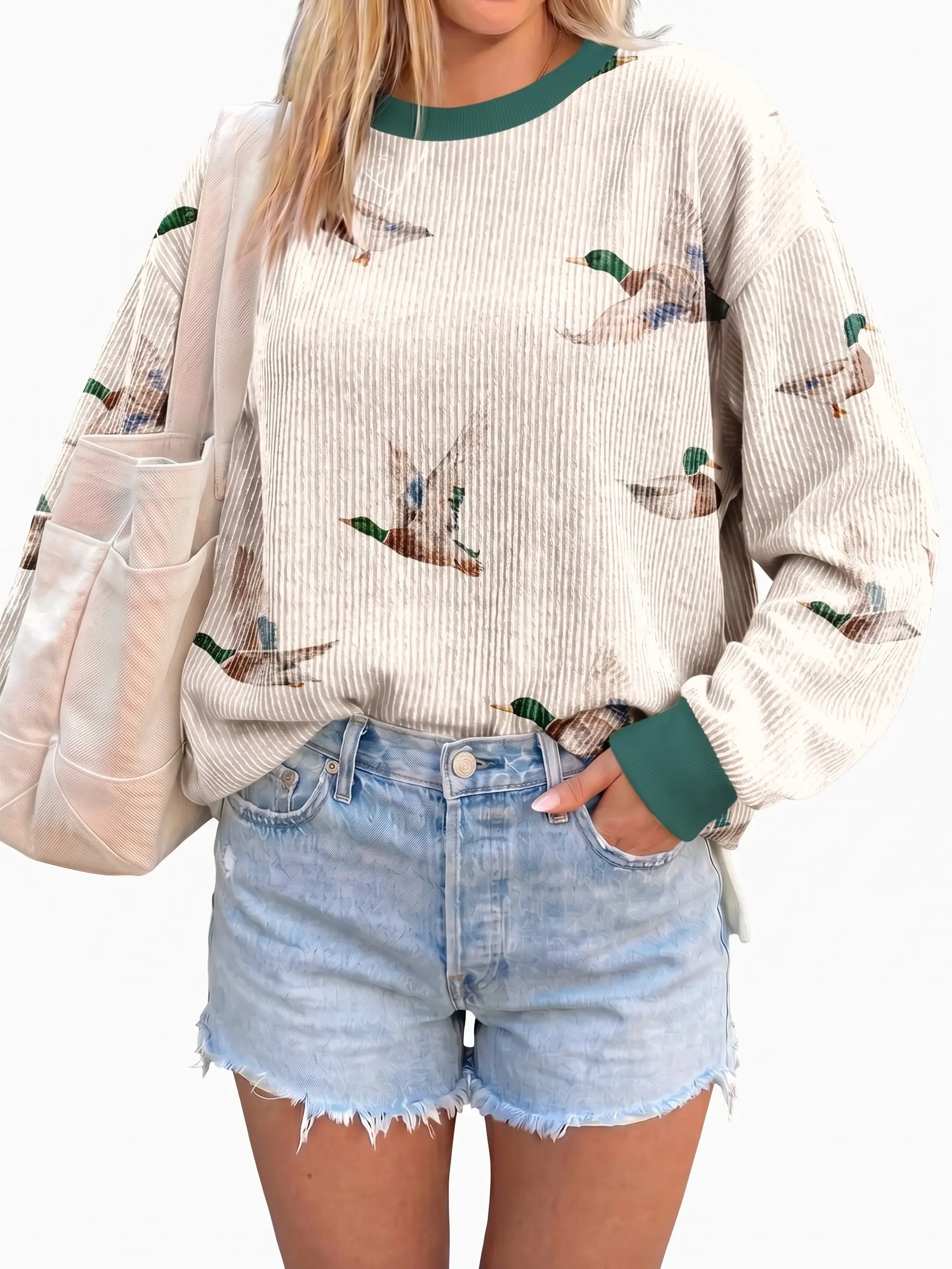 Women's Vintage Duck Print Sweatshirt Ribbed Long Sleeve Crewneck Pullover Oversized Casual Fall Tops