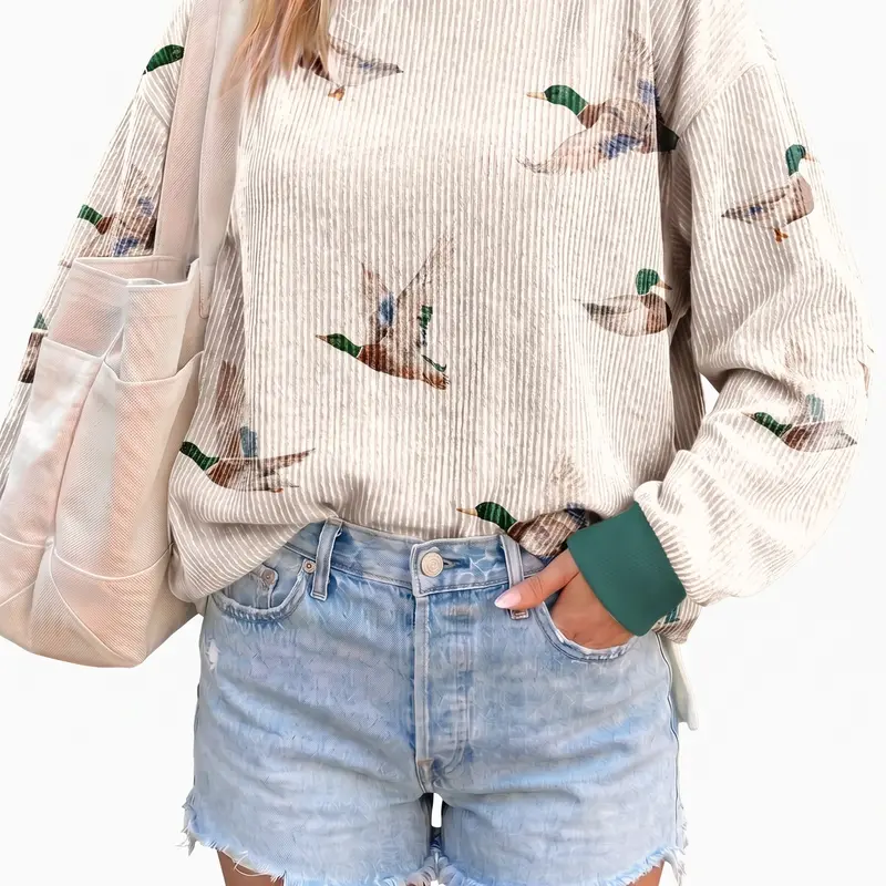 Women's Vintage Duck Print Sweatshirt Ribbed Long Sleeve Crewneck Pullover Oversized Casual Fall Tops