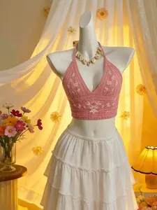 Summer Vacation Beach Women's Halter Neck Top, Cute Y2K Embroidery, Tie Pattern Details, Simple Casual Knitwear, Petite Plump Fit