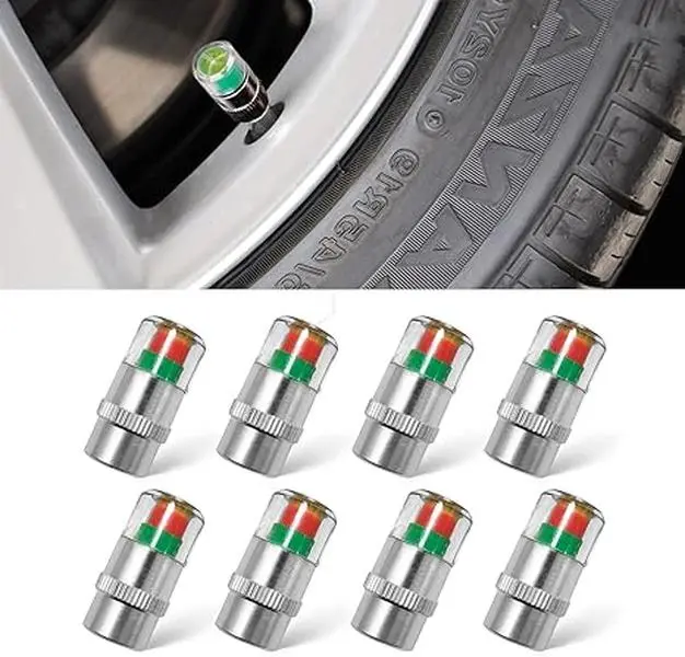 8Pcs Stainless Steel Chrome-Plated Tire Pressure Monitor Sensor Indicators with Spanner Valve Stem Caps, 2.2Bar/32PSI Reading, 3 Alert Colors Visual Alert, Corrosion Resistant Easy-Install Car Repair Tool to Extend Tire Life