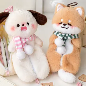 Kawaii Plush Puppy Pen Pouch, Soft Fluffy Animal Stationery Organizer,with Adorable Fluffy Plush Kitten/Duckling Pen, Perfect Cute Gift for Students
