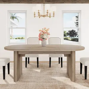62.9/70.8 Inch Oval Dining Table Set with Upholstered Dining Chairs, Kitchen Table with Wood Base, High Back Dining Chair with Wood Legs for Kitchen, Multiple Sets, Pear/Brown/Black Table With Beige Chairs