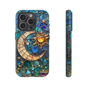 Stained Glass Celestial 2-in-1 Smartphone Case with Moon & Sun Premium Film - Durable, Shock-Absorbing, Stylish Protection - Cellphone Casing for iPhone 16/15/14/13/12/11 (Plus, Pro, Pro Max) - Handheld Device Accessories, Ideal Birthday Gift