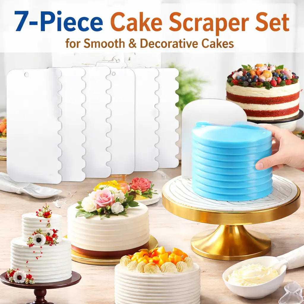 7-Piece Large Clear Acrylic Cake Scraper Set – Cake Icing Smoother, Frosting Comb, Edger Stripes Contour Comb, and Pastry Cutter for Mousse, Buttercream, and Cake Decoration – Professional Baking Tools for Smooth, Textured, and Flawless Cake Finishes