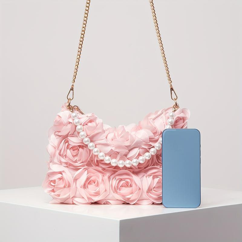 [Wedding Accessory] Elegant Rose-Embellished Crossbody Bag with Faux Pearl Accents - Sweet Pink Floral Evening Clutch, Ideal Valentine's Gift for Women, Polyester Lining, Zip Closure, Wedding Gifts