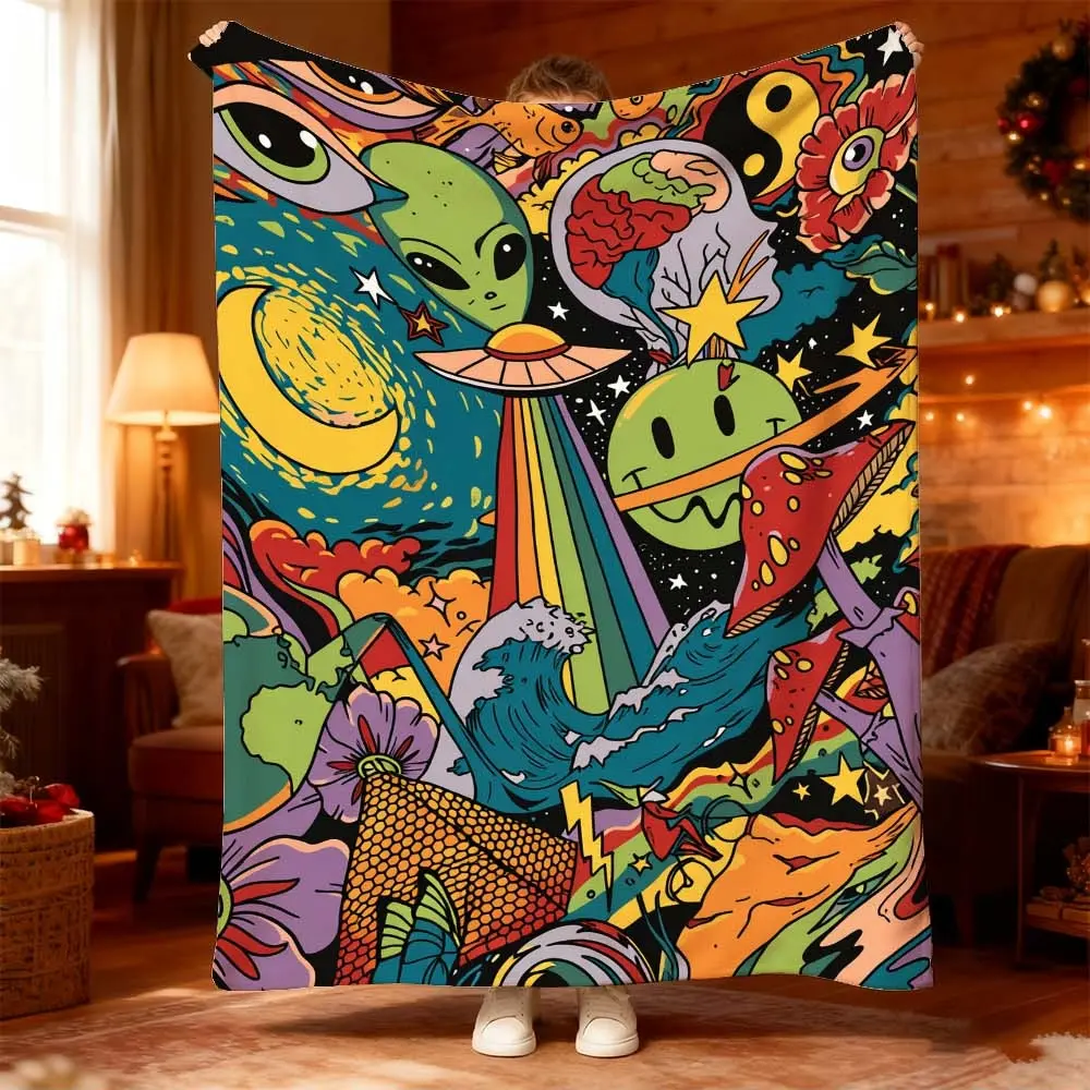 1pc Psychedelic Galaxy Print Blanket for Cozy Nights - Vibrant Colorful Astronaut Alien Design Perfect for Bedroom, Sofa, Camping, Nap Time Comfort