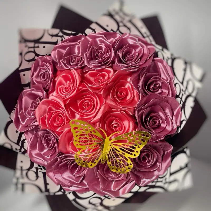Handcrafted Light Blue and White Satin Ribbon Rose Bouquet with Gold Butterfly Accessory