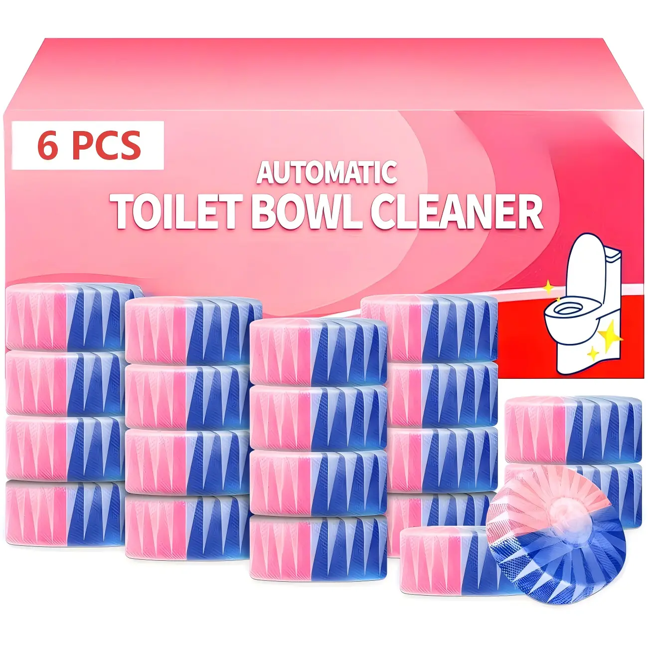 Toilet Bowl Cleaner Tablets (6 Pack) - Continuous Blue and pink Water Cleaning & Deodorizing