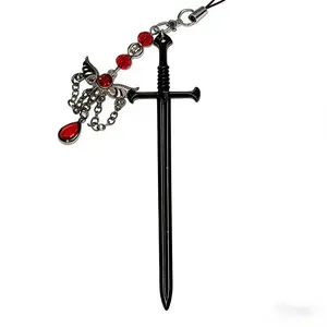 Gothic Y2K Sword Pendant Phone Charm Red Crystal Beads Keychain Medieval Fantasy Phone Accessory with Black Sword and Red Beads